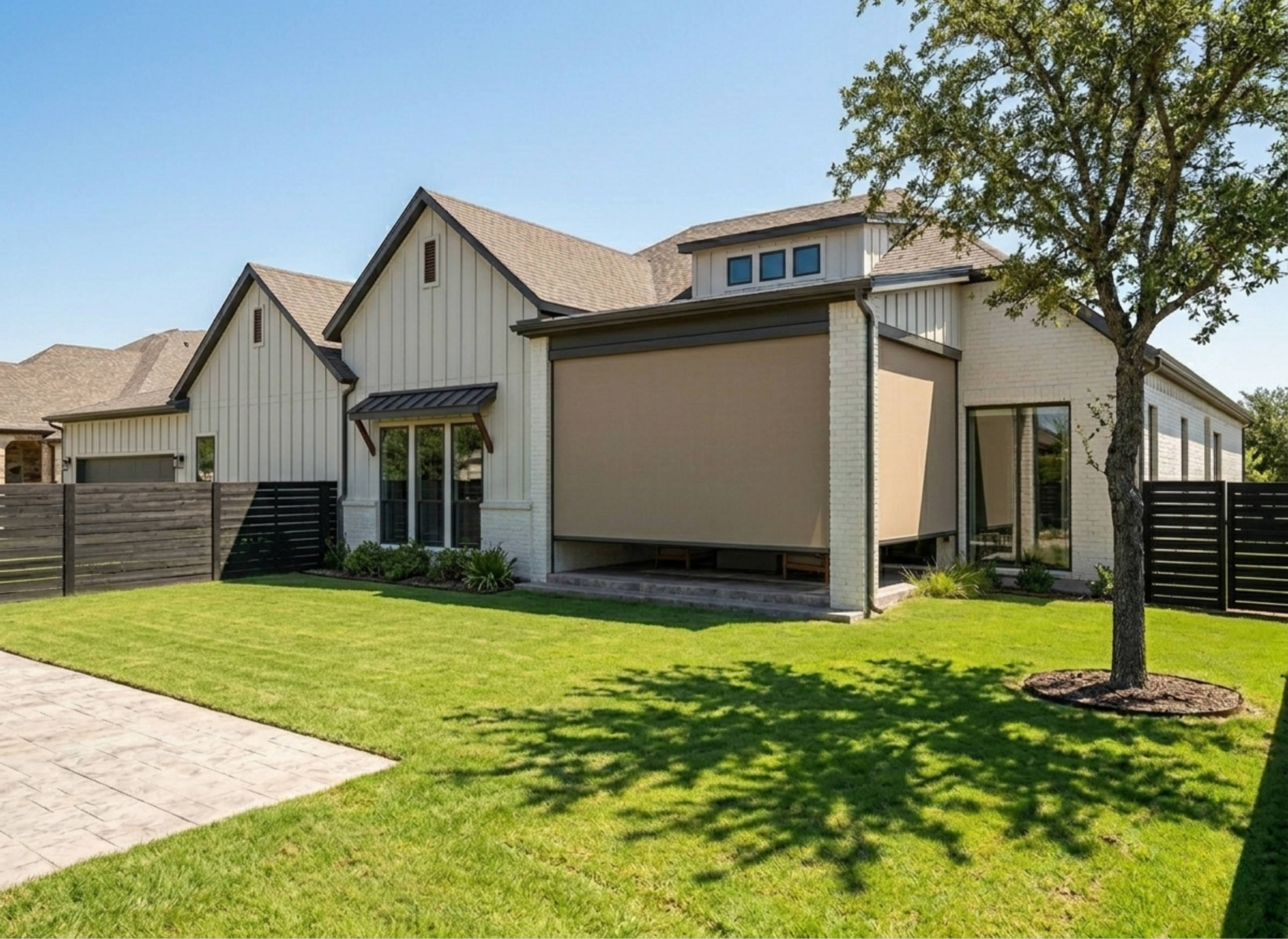 Modern house with spacious backyard and tree